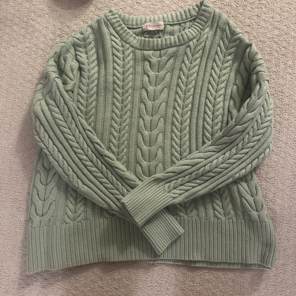 Philosophy, large, sage green cable knit sweater